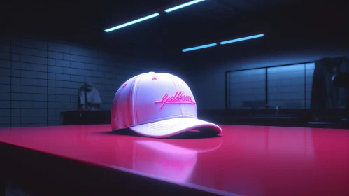Vibrant Neon Art: Baseball Cap on Table | Labcore and Solapunk Style