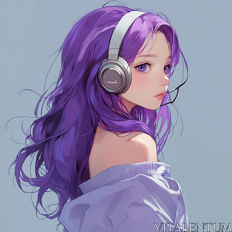 Serene Anime Girl with Headphones and Purple Hair AI Image