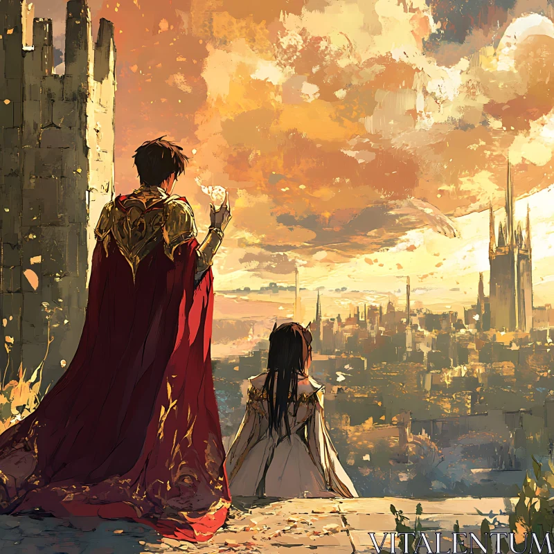 Regal Figures Overlooking a Majestic City at Sunset AI Image