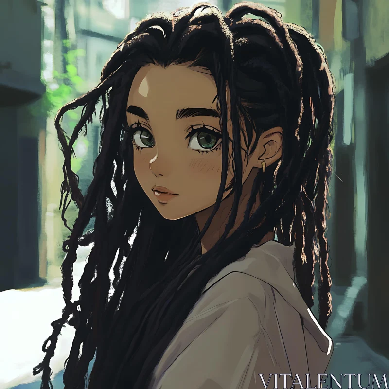 AI ART Green-Eyed Anime Girl with Dreadlocks in Urban Setting