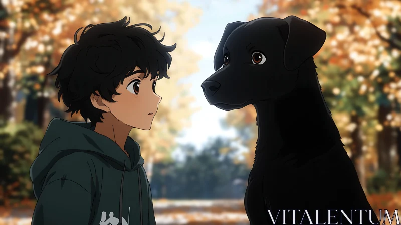 Young Boy and Dog in Animated Forest AI Image