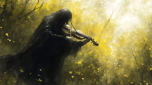 Figure with Violin in Forest Painting