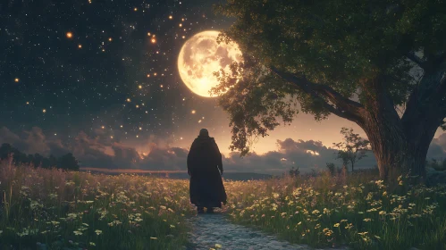 Figure Under Moonlight in Floral Meadow