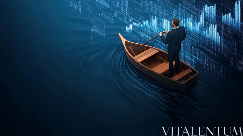 Man Rowing Boat with Financial Chart AI Image