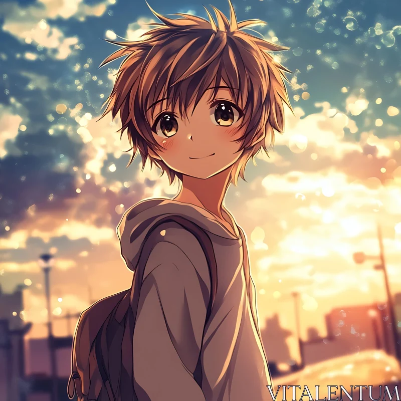 Young Anime Boy with Backpack in Sunset Light AI Image