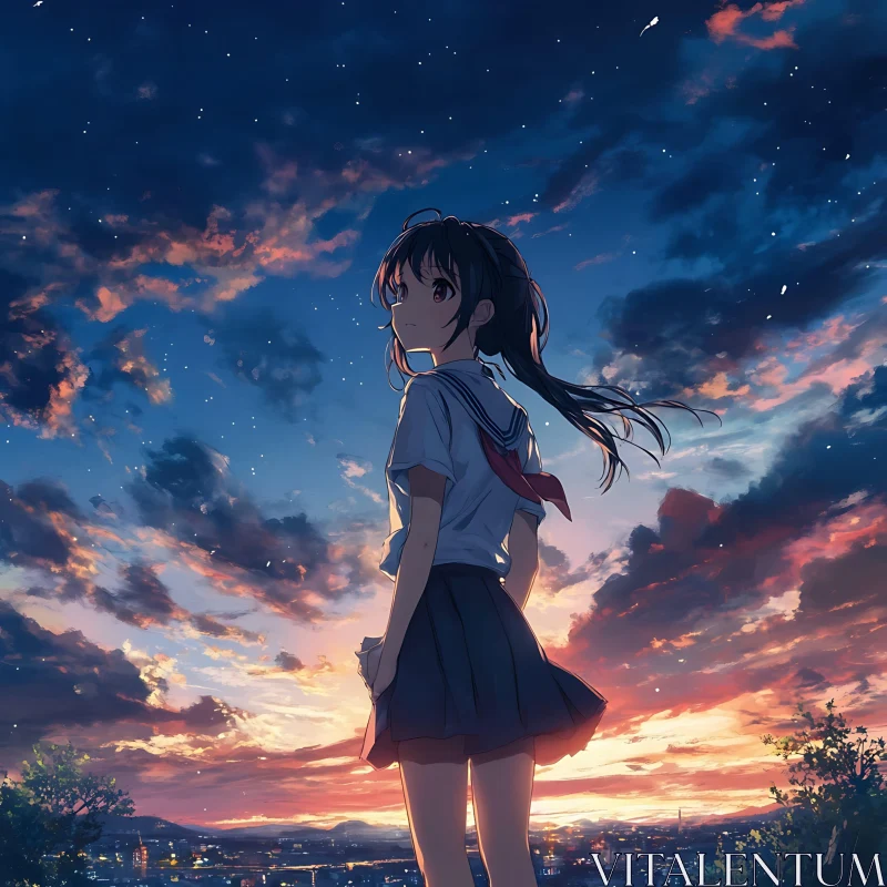 AI ART Schoolgirl and Sunset in Anime Art