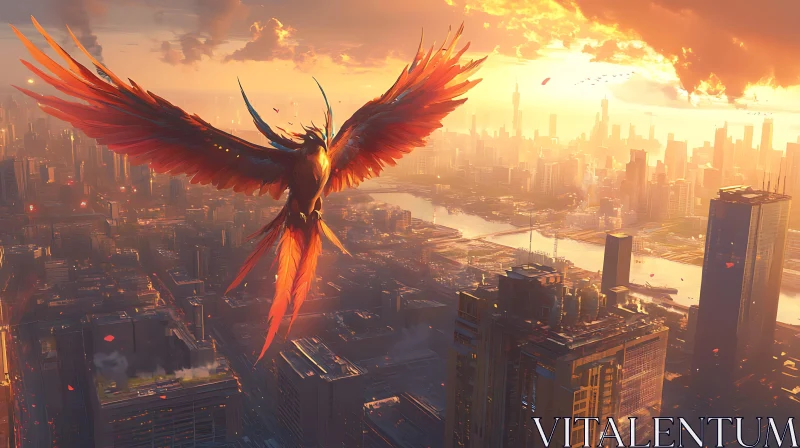 Mythical Bird Over Urban Landscape AI Image