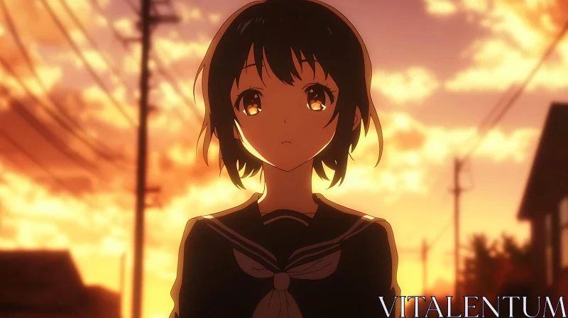 Anime Girl with Sunset Backdrop AI Image