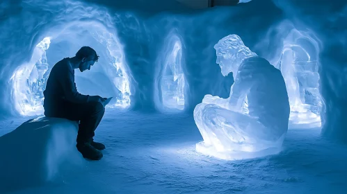 Blue Ice Cave with Sculpture and Man