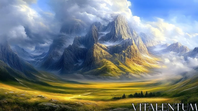 Scenic Mountain Landscape with Clouds AI Image