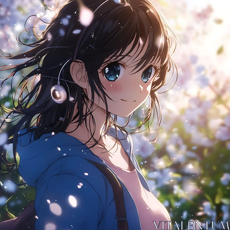 Sunny Day with Blossoming Flowers and Anime Girl AI Image