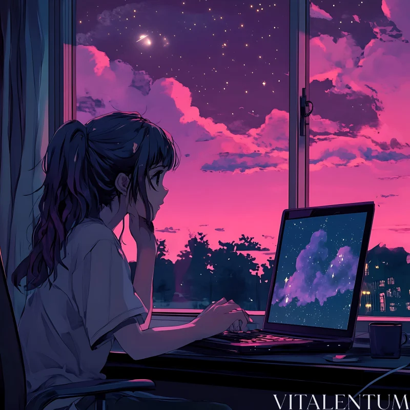 Girl with Laptop in Anime Style AI Image