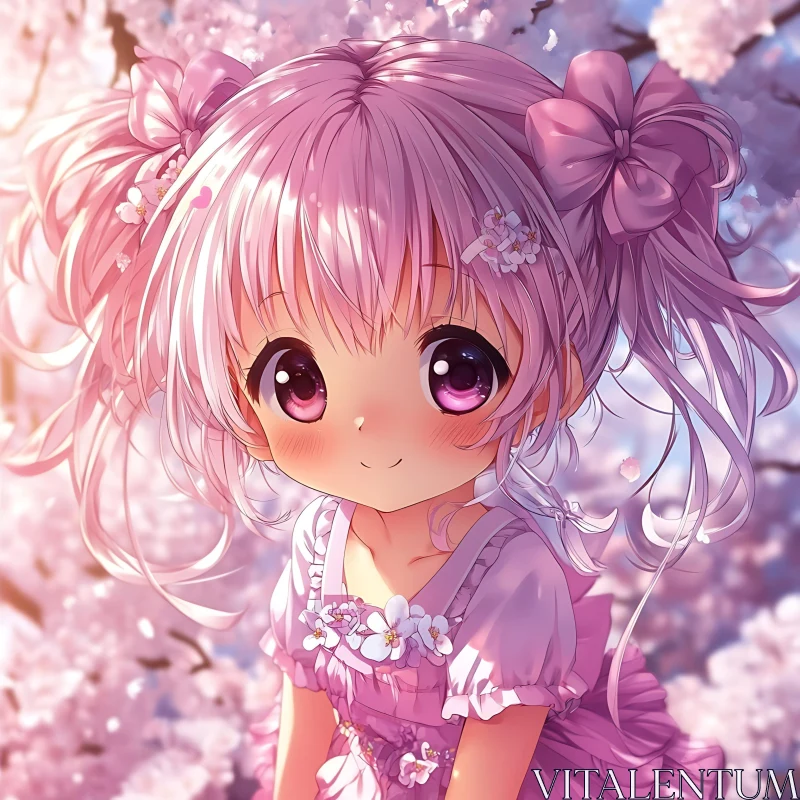 Adorable Anime Girl Amid Cherry Blossom Bloom AI Image