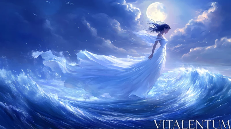 Moonlit Serenity: Woman and the Sea AI Image