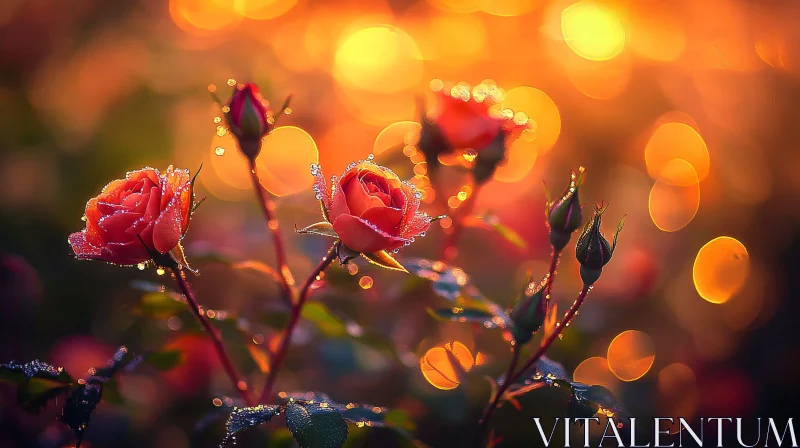 AI ART Dew-Draped Roses with Warm Bokeh Background