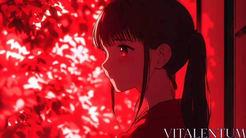 Anime Silhouette of a Girl with Red Leaves AI Image