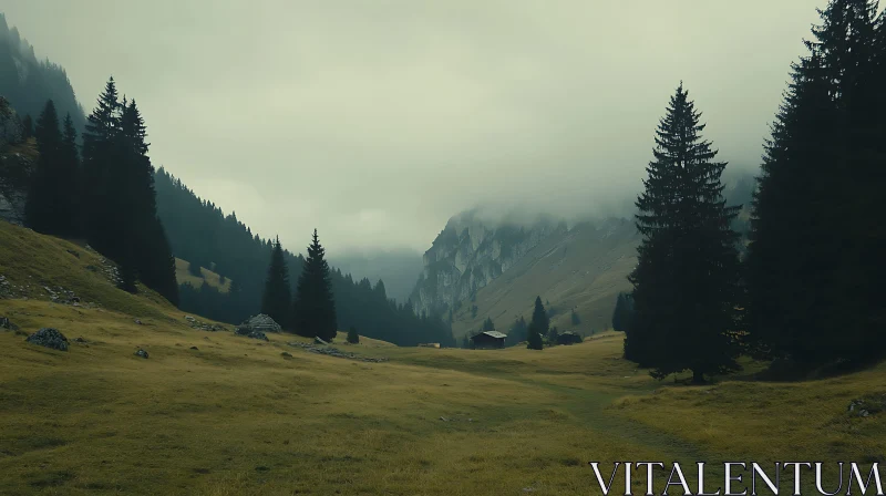 Foggy Mountain Valley with Coniferous Trees AI Image