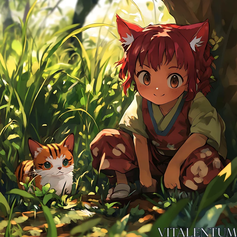 Magical Anime Forest Scene with Child and Kitten AI Image