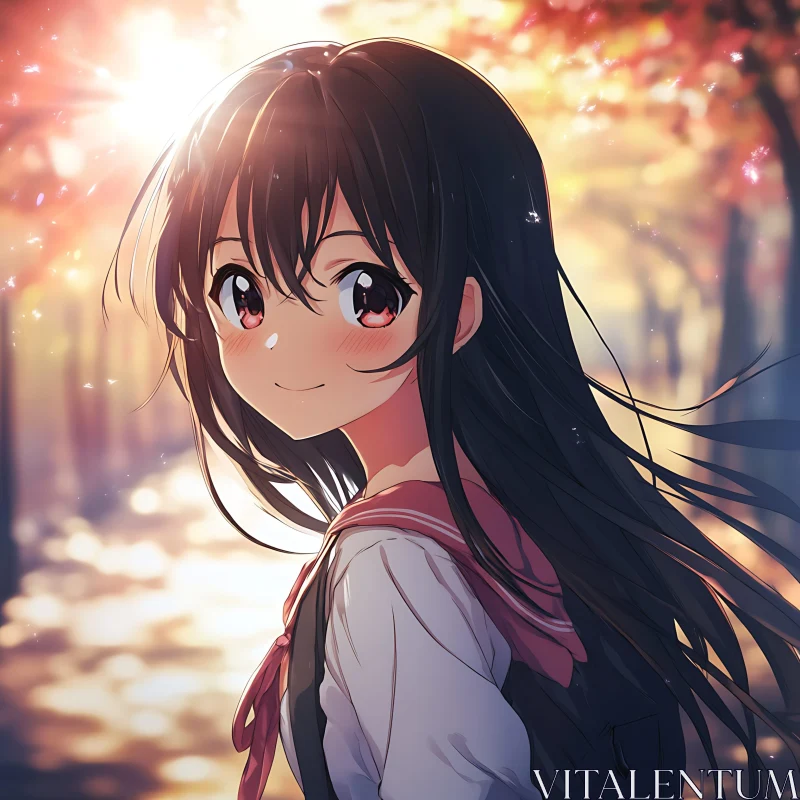 Anime Girl in Autumn Sunset AI Image