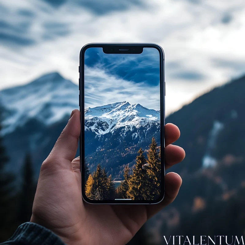 AI ART Snowy Peaks on Smartphone Display