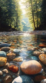 Forest River with Sunlit Stones and Clear Water