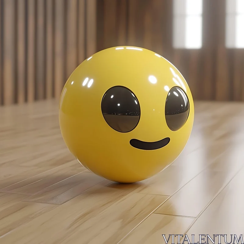 AI ART Smiling Yellow Sphere on Indoor Wooden Floor