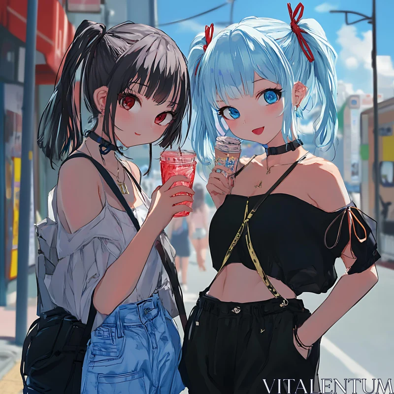 Charming Anime Duo on a Sunny Street AI Image