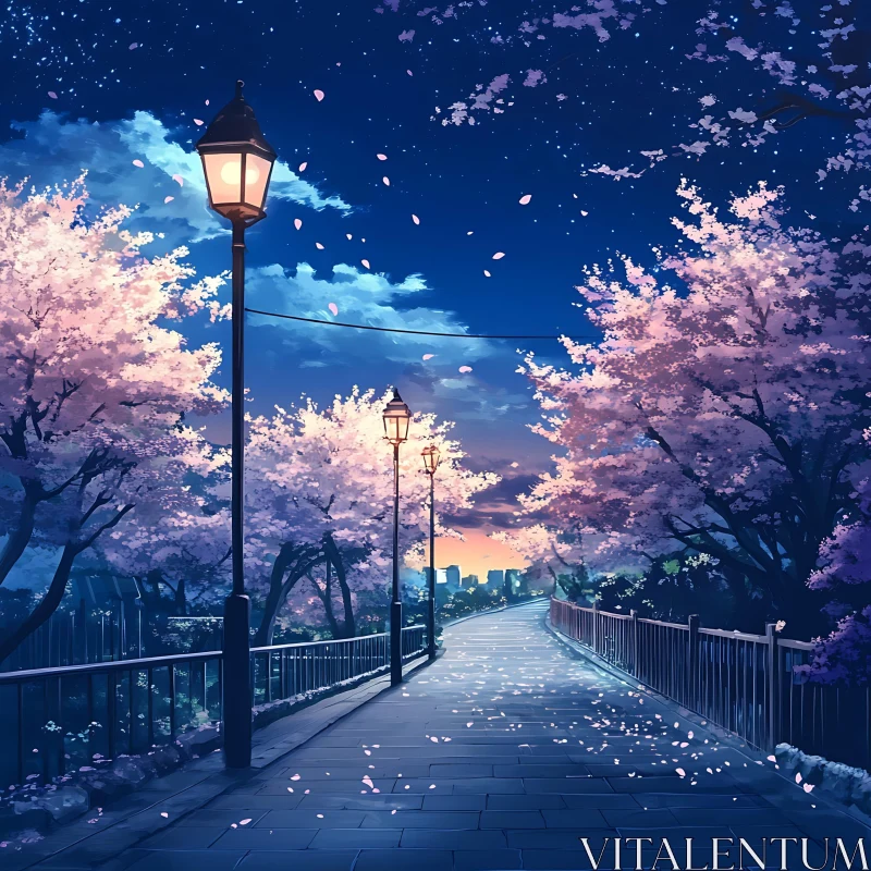 Serene Twilight Path Lined with Blossoming Trees AI Image