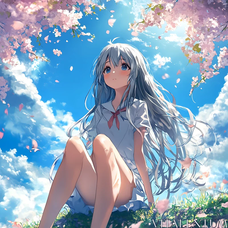 Serene Anime Scene with Blossoms and Sky AI Image