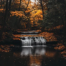 Forest Waterfall with Autumn Leaves