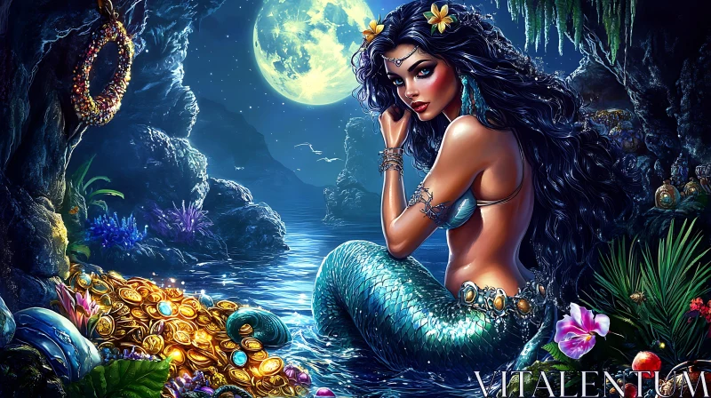 Enchanting Mermaid with Moonlit Treasure AI Image