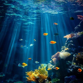 Sunlit Coral Reef with Tropical Fish