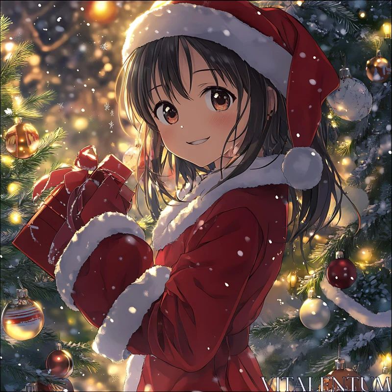 Festive Anime Girl in Santa Hat with Christmas Present AI Image