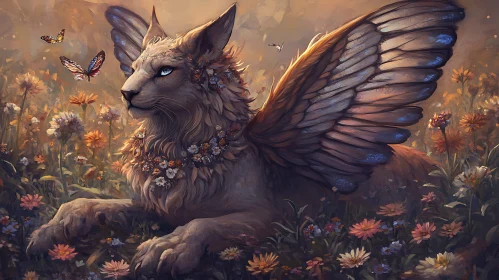 Fantasy Lion with Wings and Flowers