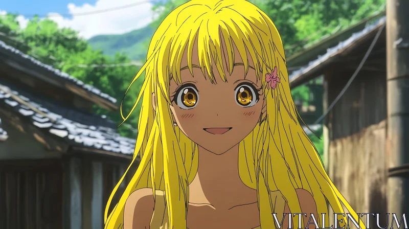 Anime Character with Yellow Hair in a Village AI Image