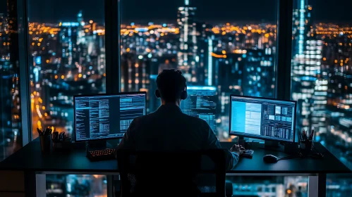 Coder at Night Overlooking City Lights