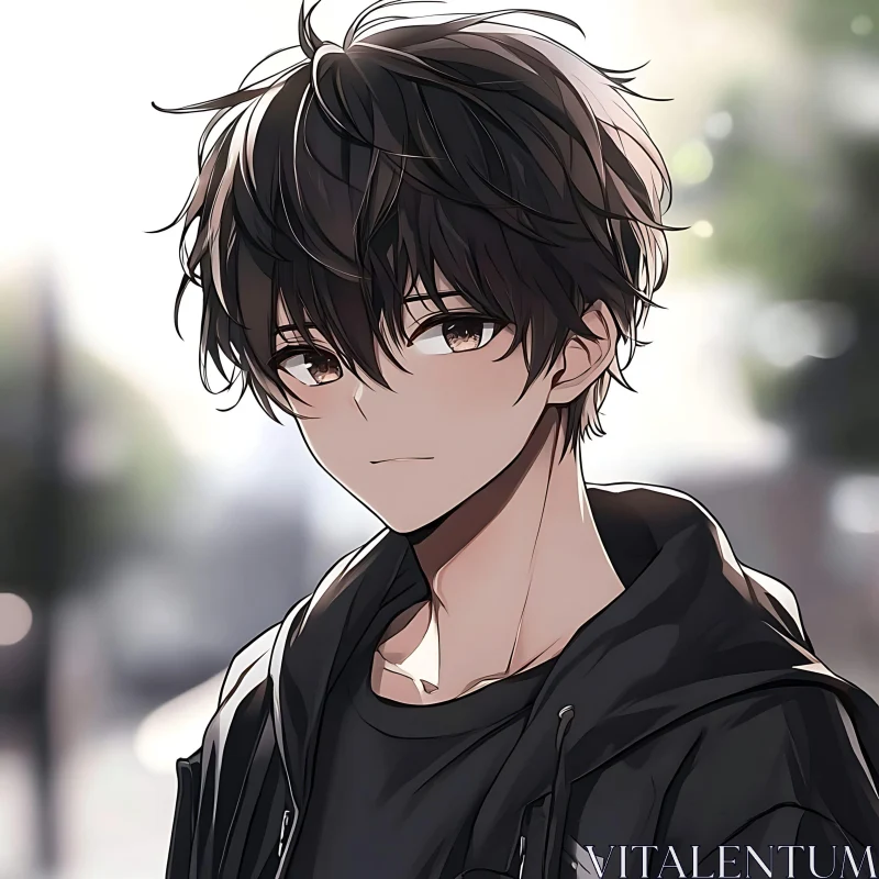 Thoughtful Anime Character with Black Hoodie AI Image