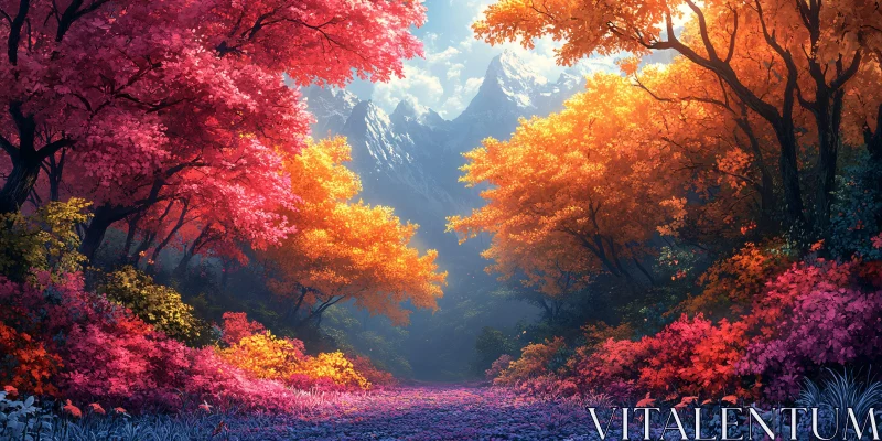 AI ART Colorful Autumn Forest with Mountain View