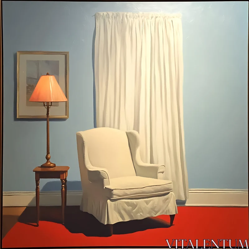 AI ART Still Life with Armchair, Lamp, and Curtain
