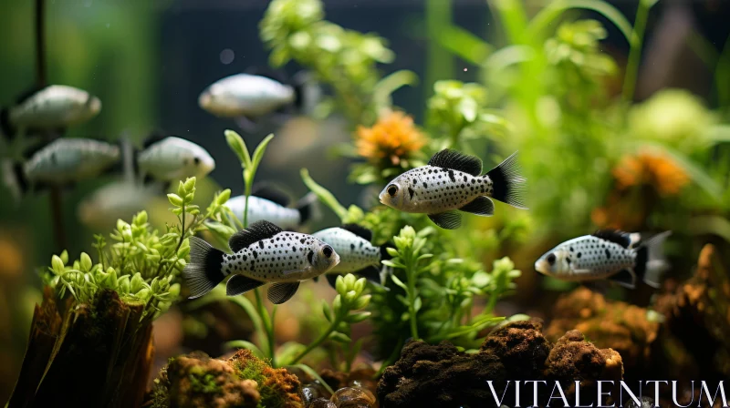 Silver and Black Fish in an Aquarium with Plants - Polka Dot Design AI Image