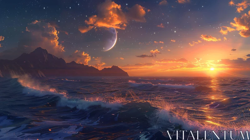 AI ART Sunset Over Waves and Mountains with Crescent Moon