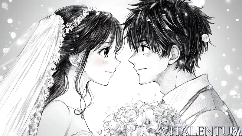 Romantic Anime Bride and Groom Illustration AI Image