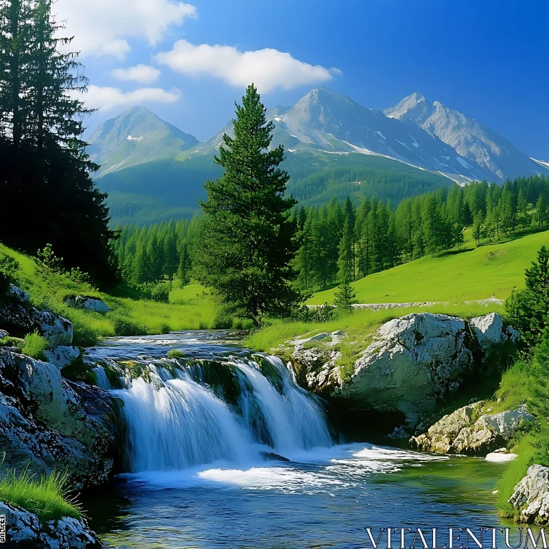 Picturesque Waterfall and Mountain View AI Image