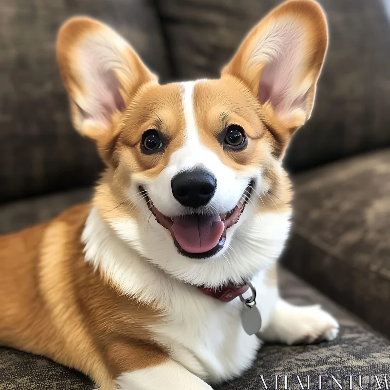 Happy Corgi with Large Ears on a Couch AI Image