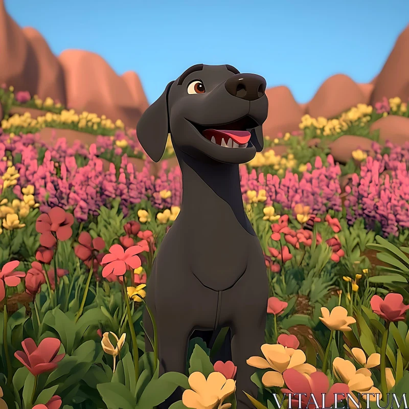 Joyful Black Dog in Vibrant Floral Landscape AI Image