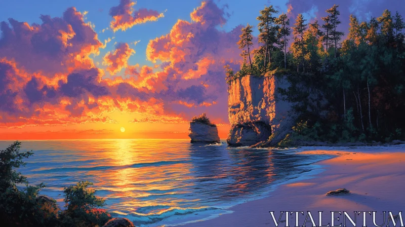 AI ART Picturesque Ocean Sunset with Cliffs and Trees