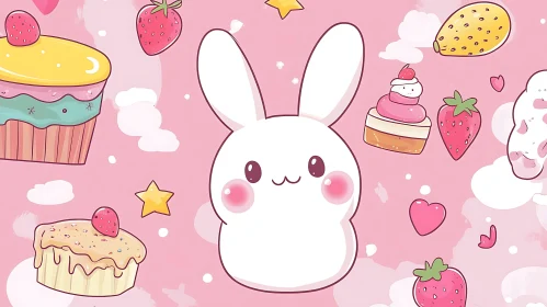 Cartoon Rabbit Surrounded by Sweets