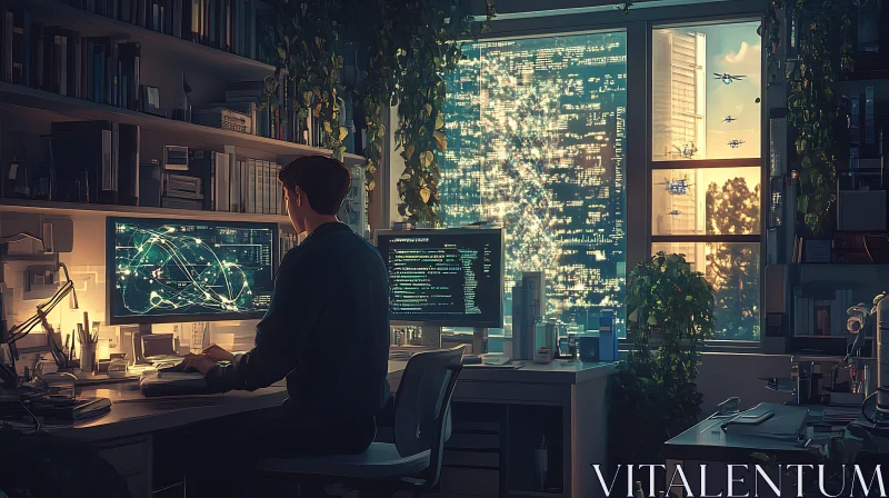 Cyberpunk Office Coding Scene AI Image