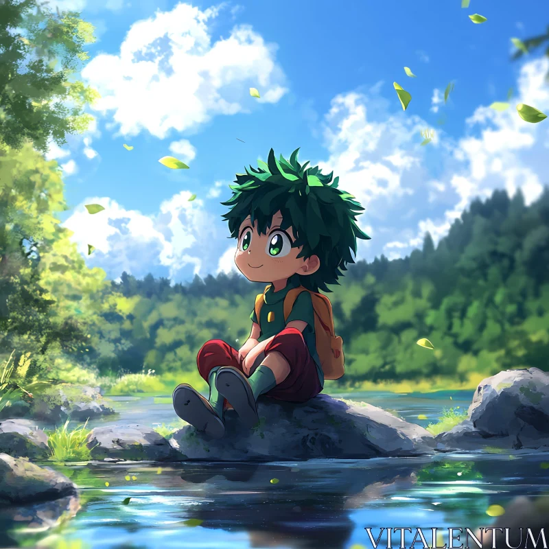 Anime Character Enjoying Nature by a Forest Lake AI Image