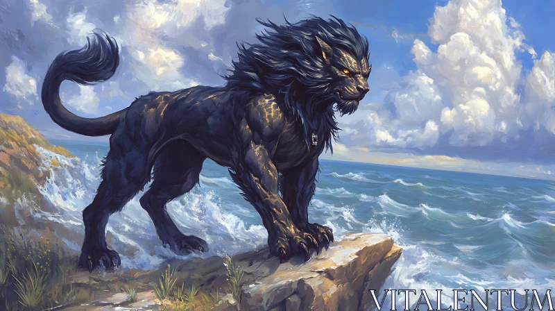 AI ART Dark Lion on Coastal Cliff